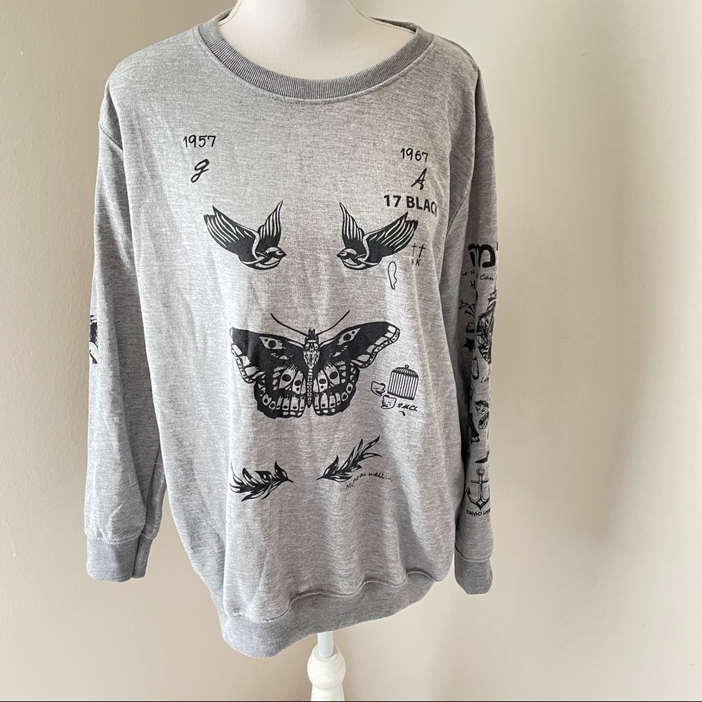 Harry Styles Gray Tattoo Print Long Sleeve Pullover Crew Neck Sweatshirt Size XL